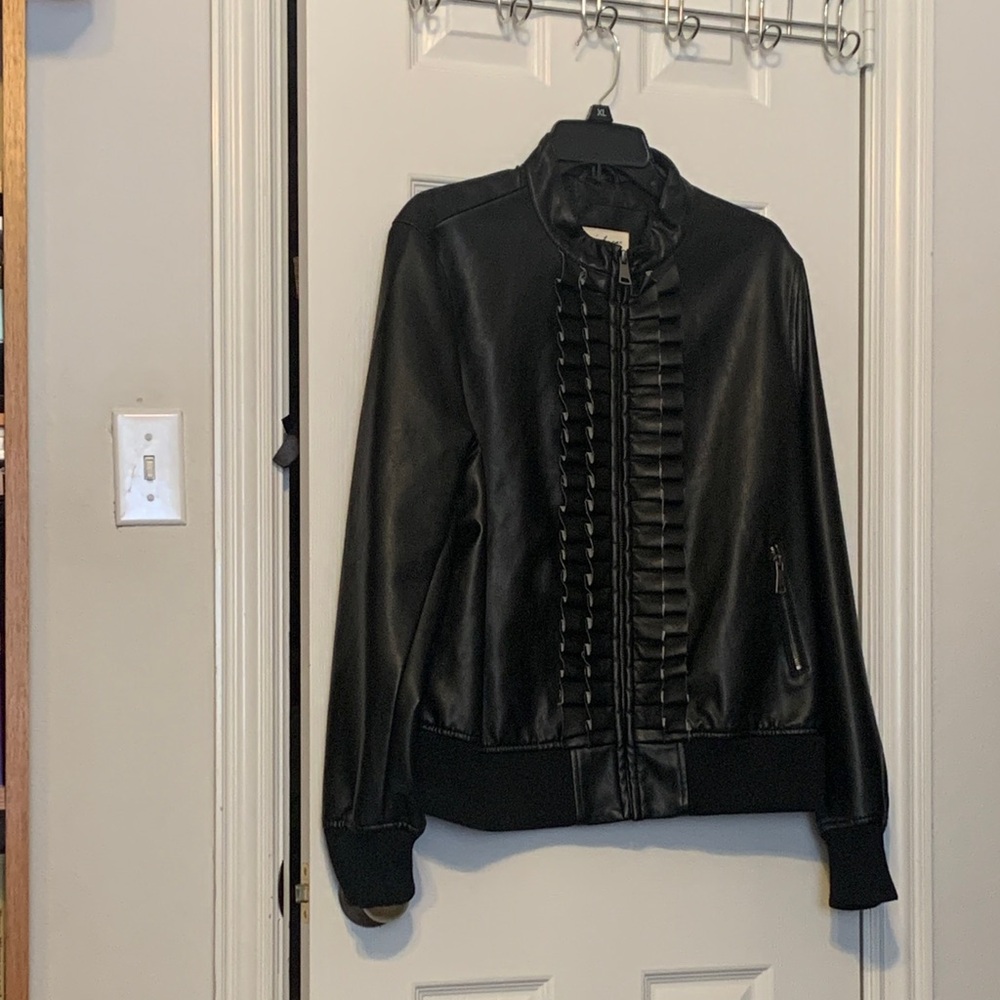 Evy's Tree Black vegan Leather Jacket with Ruffle Detail